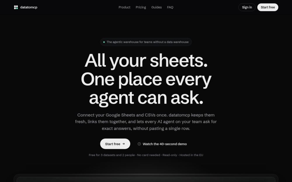 Screenshot of the homepage of datatomcp.com