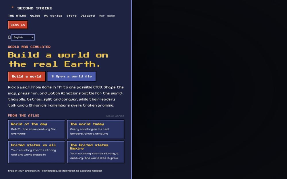 Screenshot of the homepage of secondstrike.io