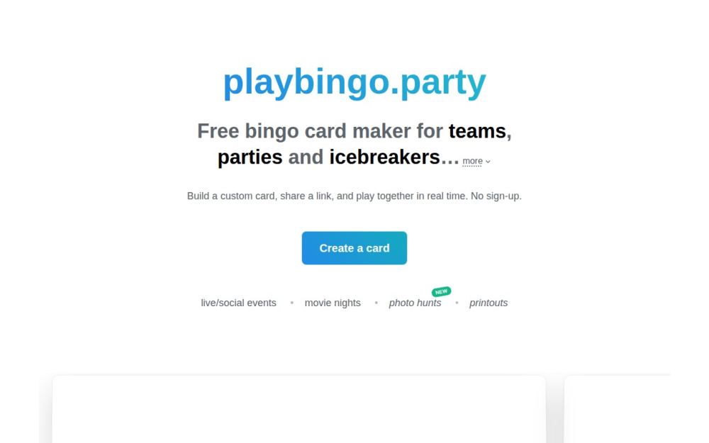 Screenshot of the homepage of playbingo.party