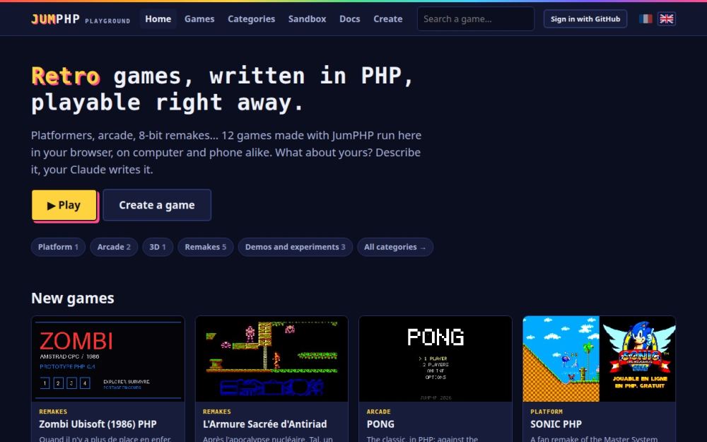 Screenshot of the homepage of jumphp.net
