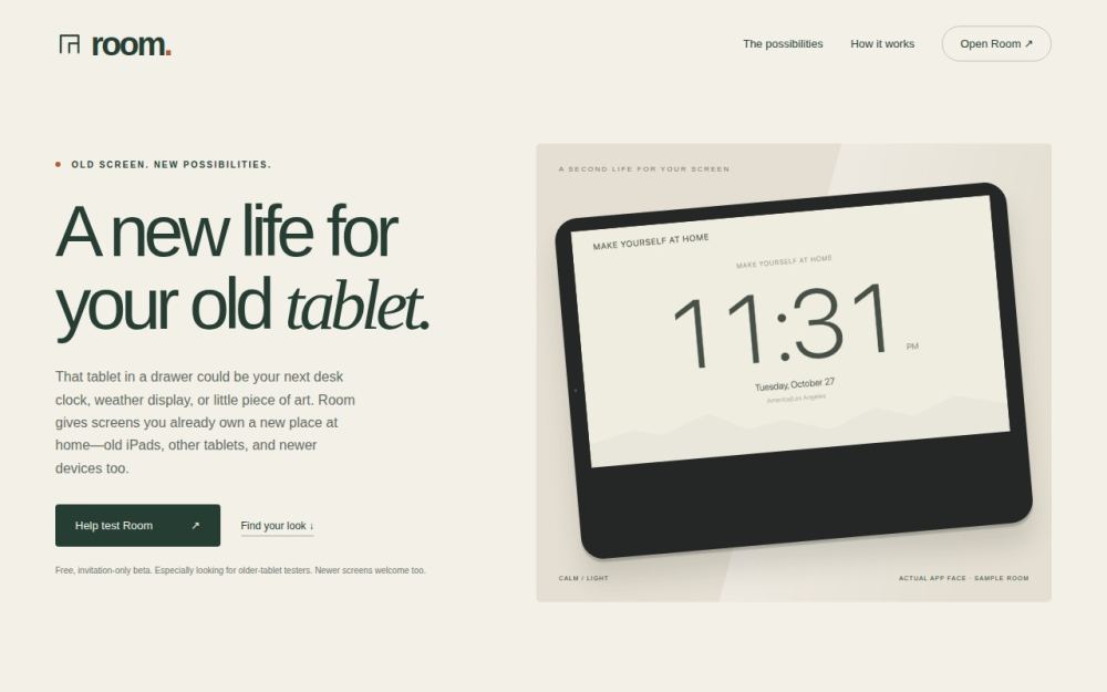 Screenshot of the homepage of getroomdisplay.com