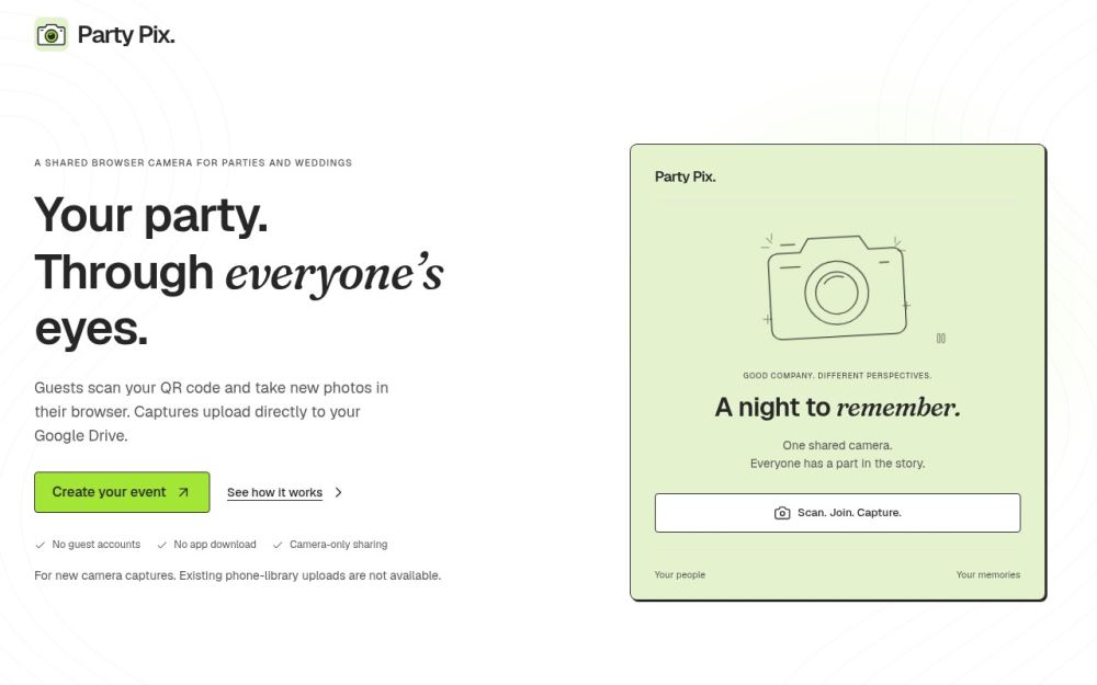 Screenshot of the homepage of partypix.click