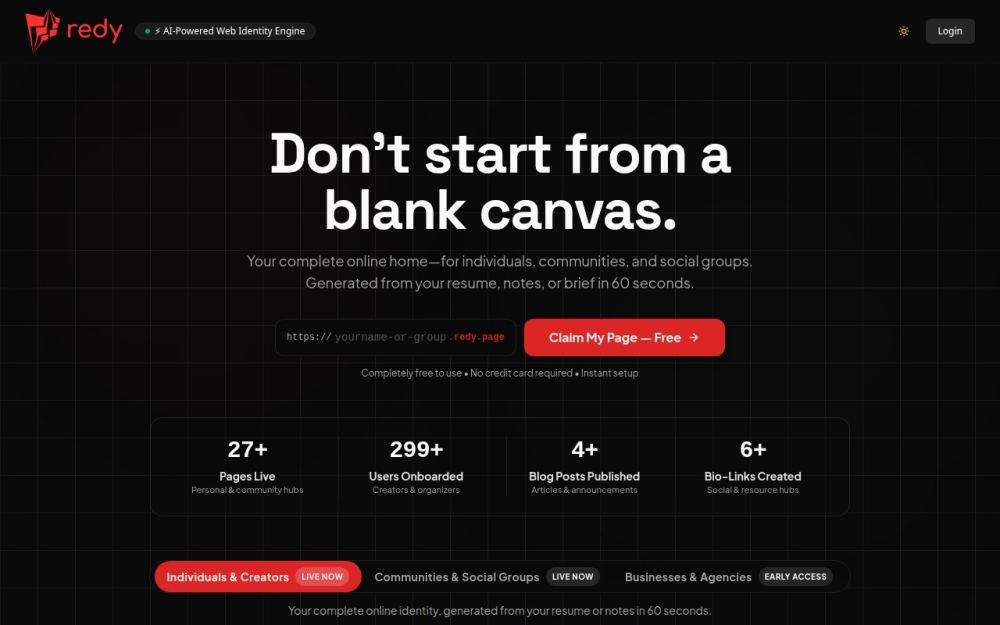 Screenshot of the homepage of redy.page