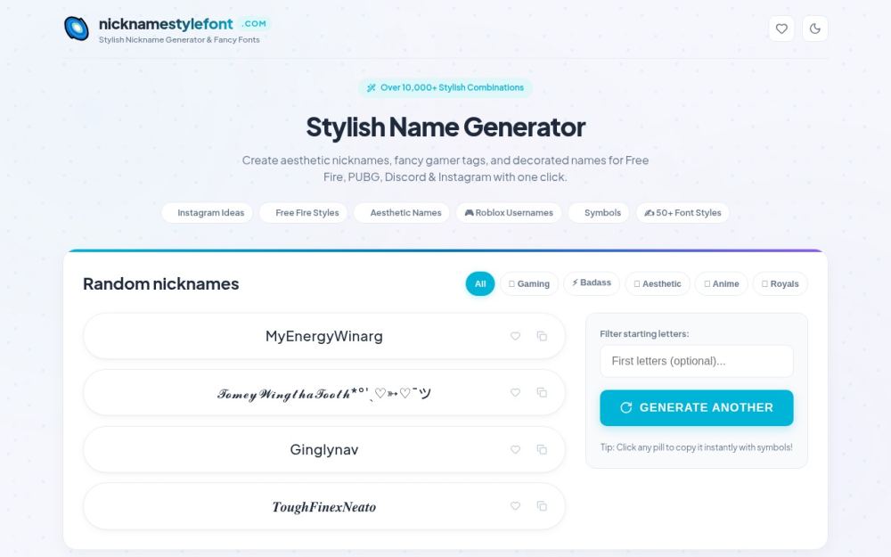 Screenshot of the homepage of nicknamestylefont.com