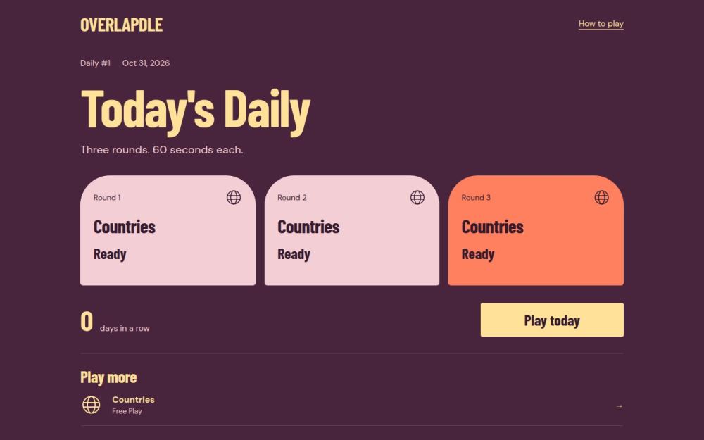 Screenshot of the homepage of overlapdle.com