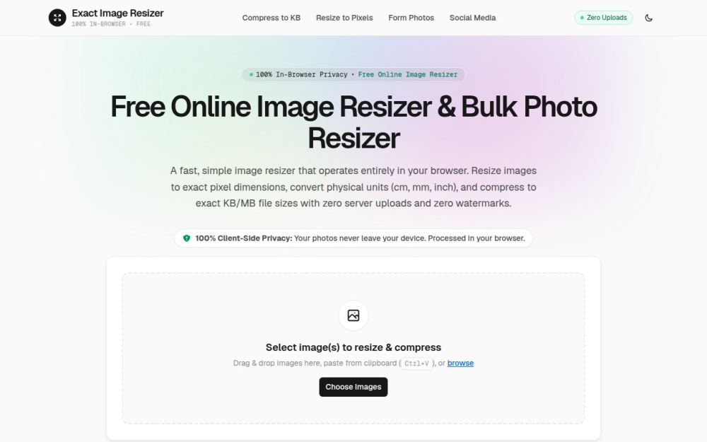 Screenshot of the homepage of exactimageresizer.com