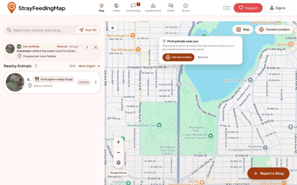 Screenshot of the homepage of strayfeedingmap.com