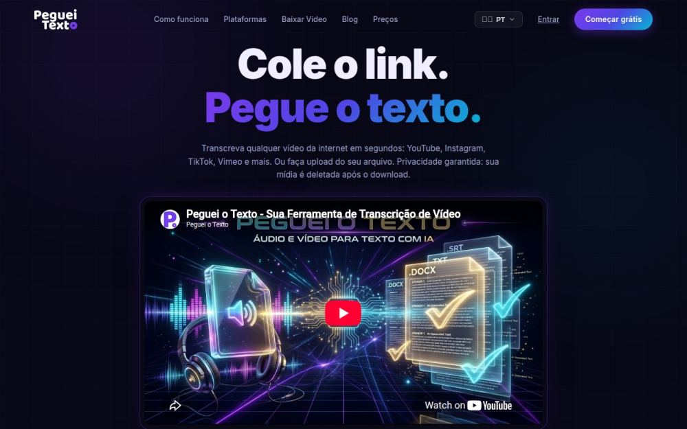 Screenshot of the homepage of pegueiotexto.com.br