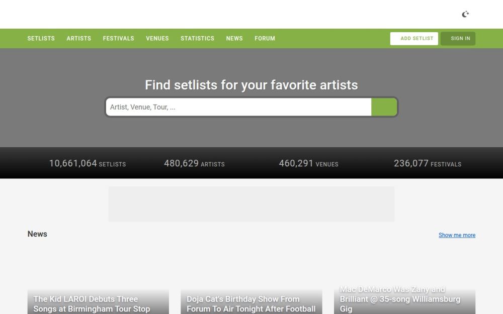Screenshot of the homepage of setlist.fm