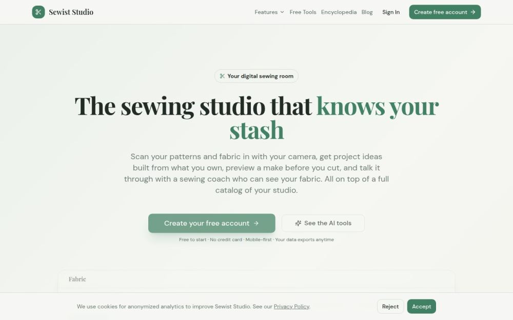 Screenshot of the homepage of sewist.studio
