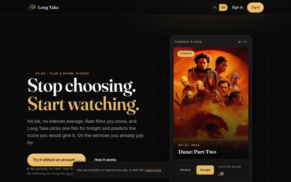 Screenshot of the homepage of long-take.app