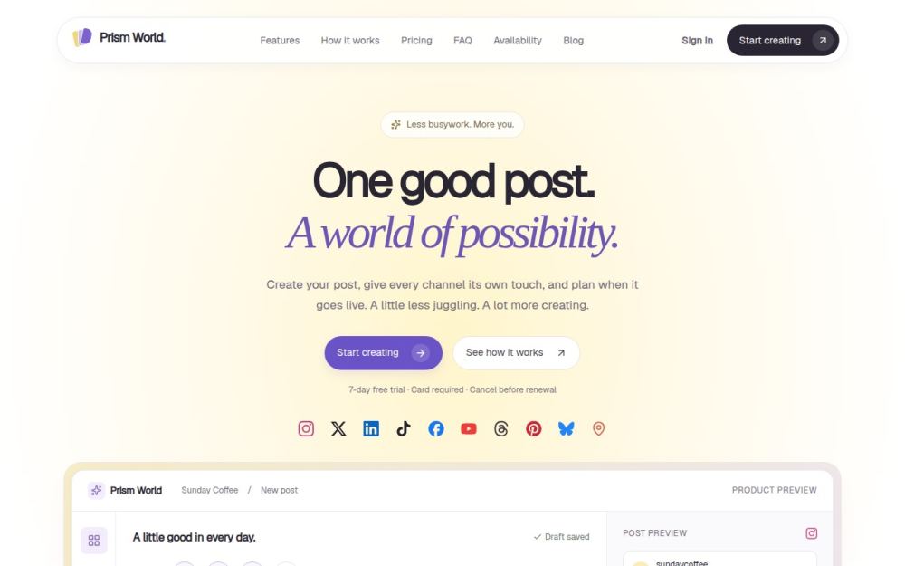 Screenshot of the homepage of getprismworld.com