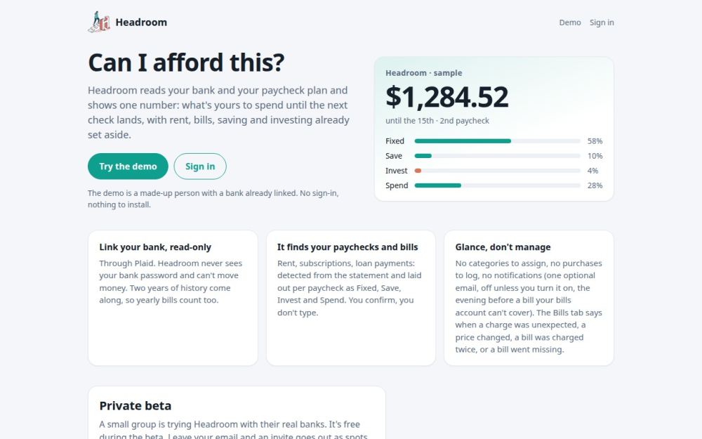 Screenshot of the homepage of whatsmyheadroom.com