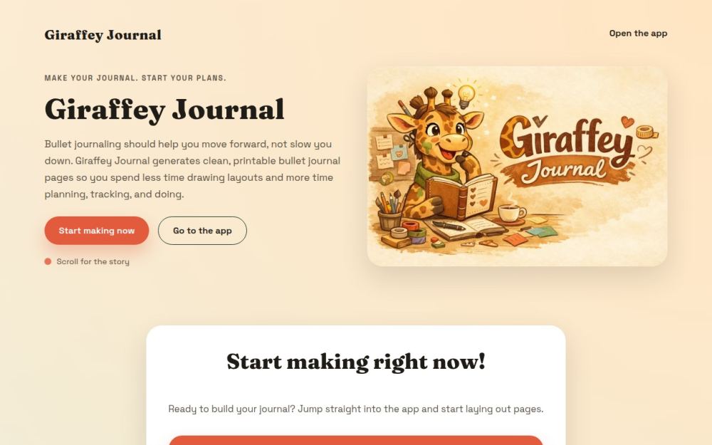 Screenshot of the homepage of giraffeyjournal.com
