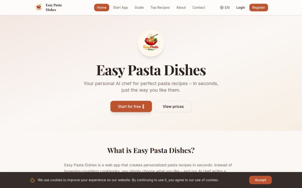 Screenshot of the homepage of easypastadishes.app