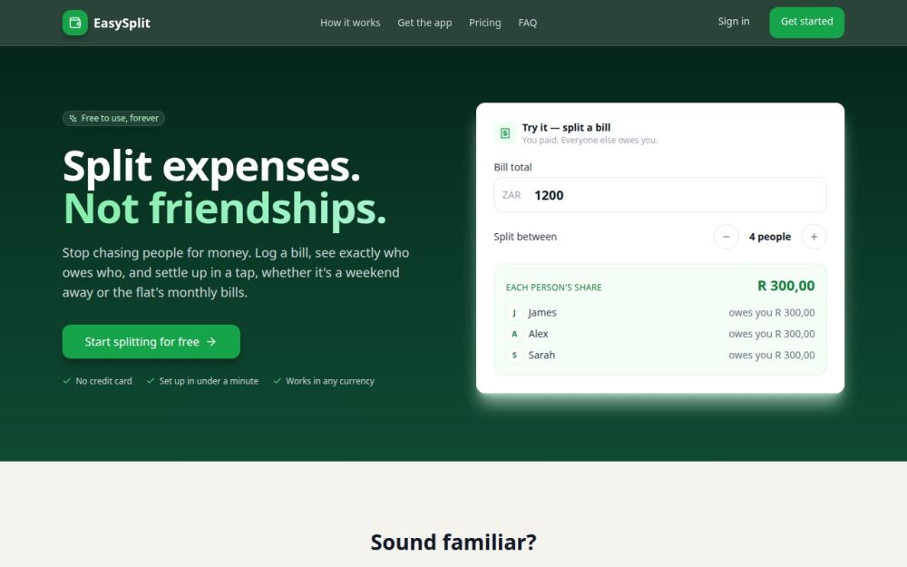 Screenshot of the homepage of easysplit.co.za
