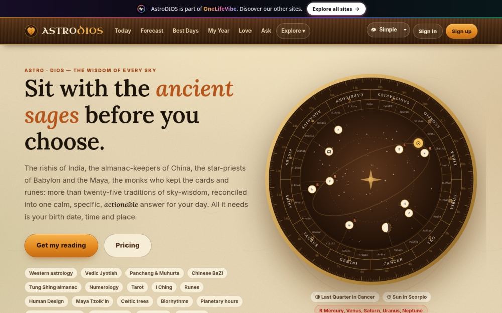 Screenshot of the homepage of astrodios.com