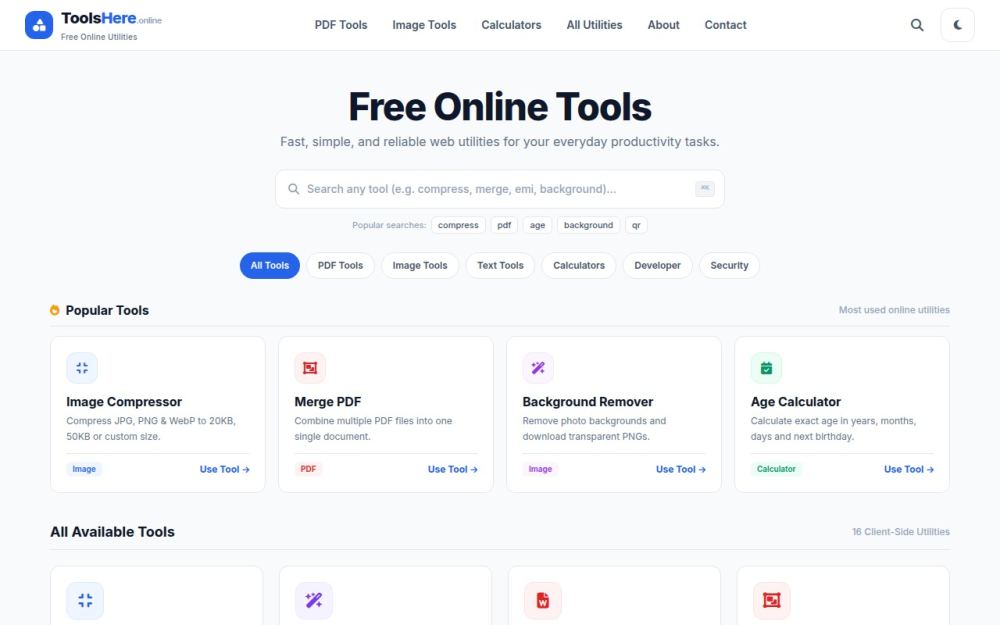 Screenshot of the homepage of toolshere.online