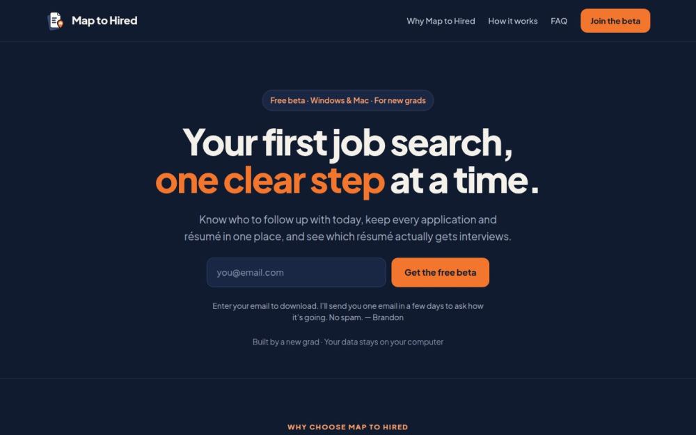 Screenshot of the homepage of maptohired.com