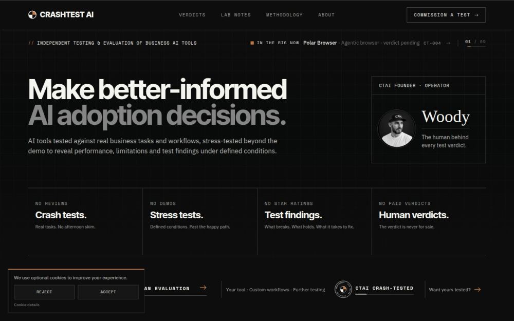 Screenshot of the homepage of crashtestingai.com