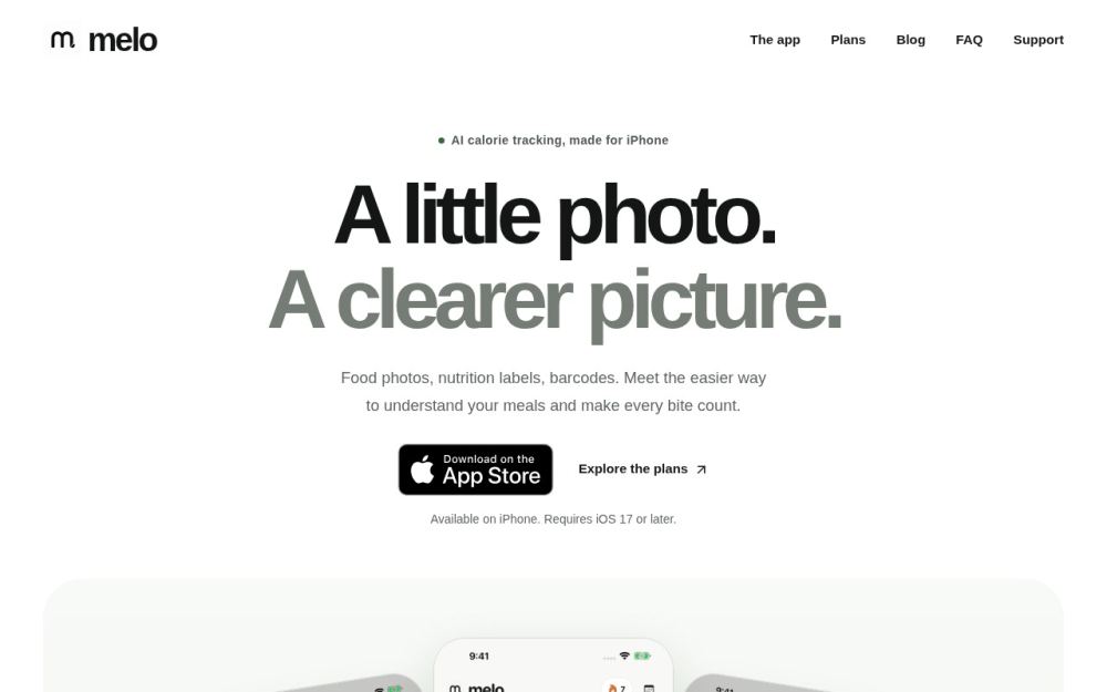 Screenshot of the homepage of eatmelo.app