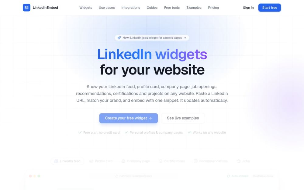 Screenshot of the homepage of linkedinembed.com