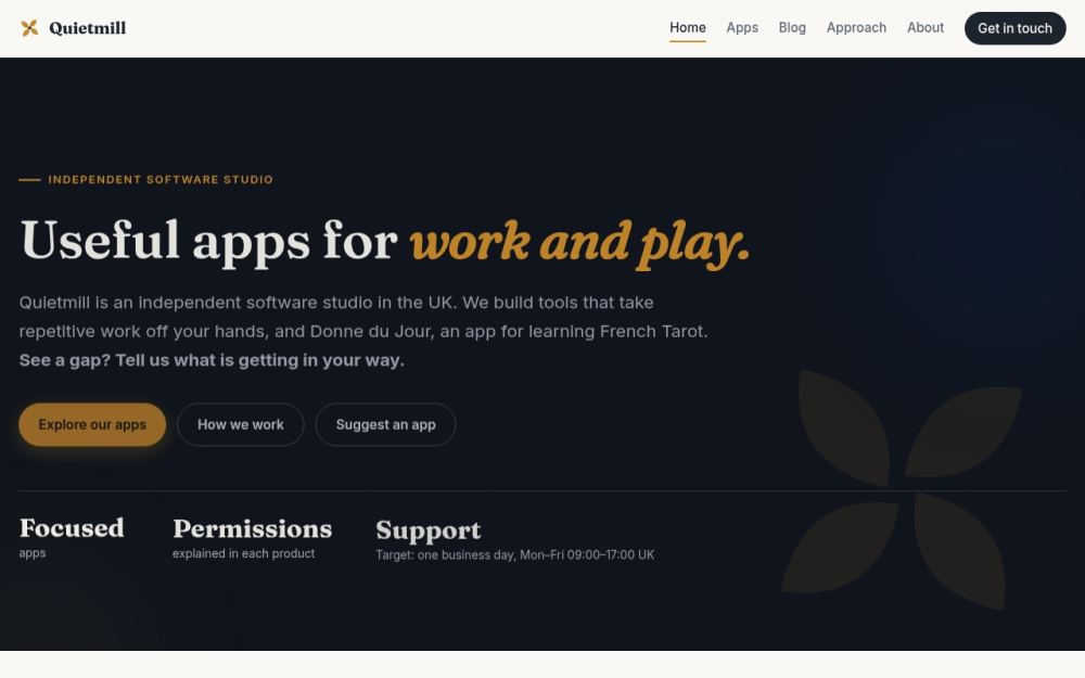 Screenshot of the homepage of quietmill.app