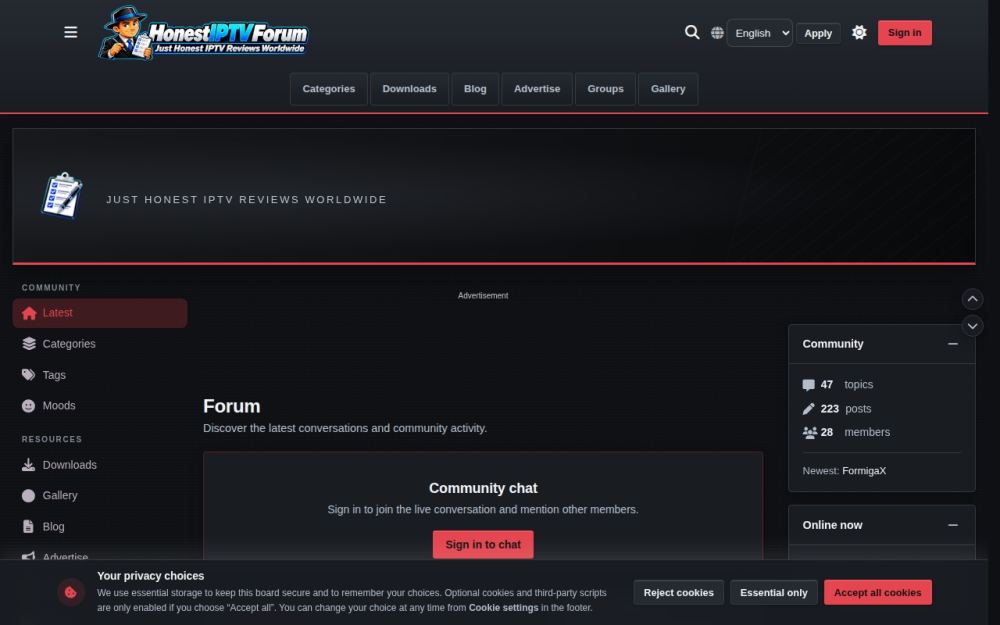 Screenshot of the homepage of honestiptvforum.com