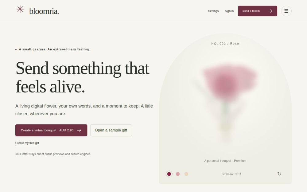 Screenshot of the homepage of bloomria.com