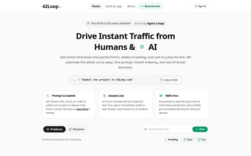 Screenshot of the homepage of 42loop.com