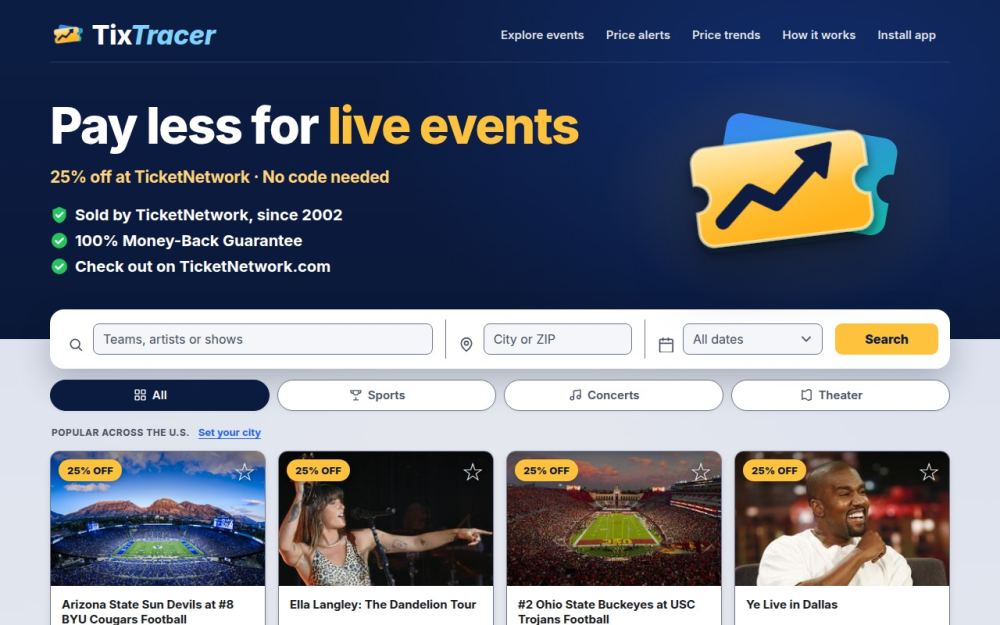 Screenshot of the homepage of tixtracer.com