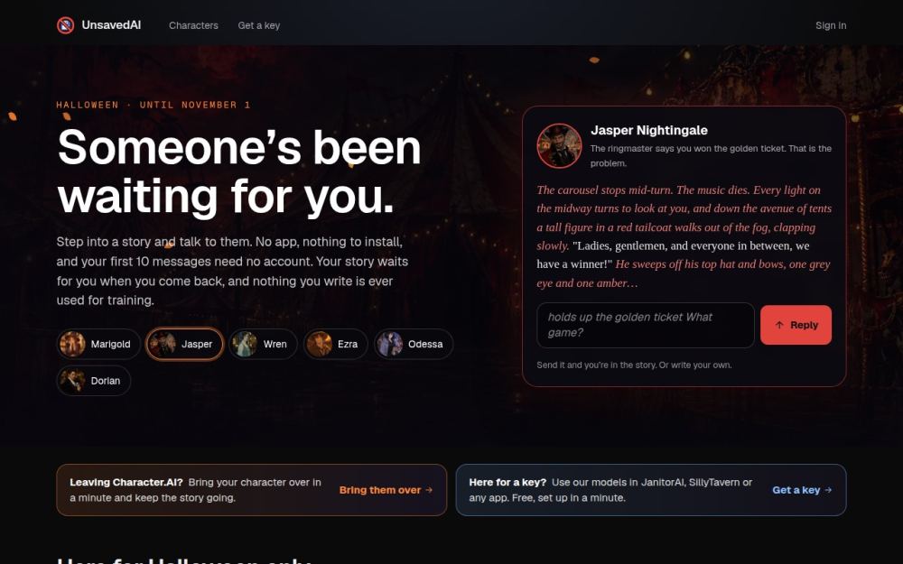 Screenshot of the homepage of unsavedai.com