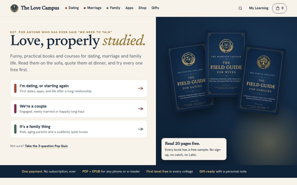Screenshot of the homepage of thelovecampus.com