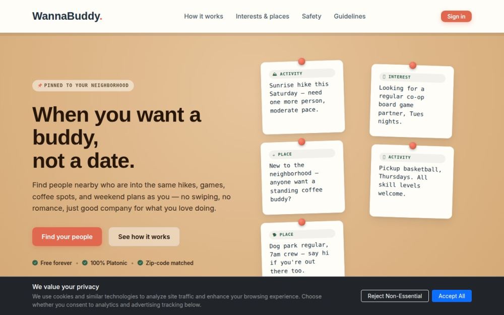 Screenshot of the homepage of wannabuddy.com