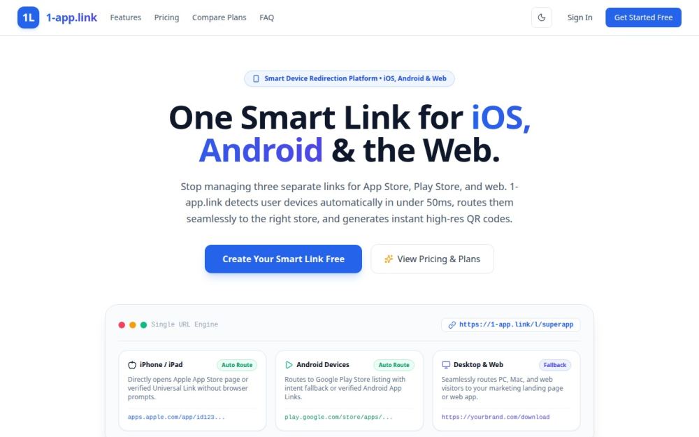 Screenshot of the homepage of 1-app.link