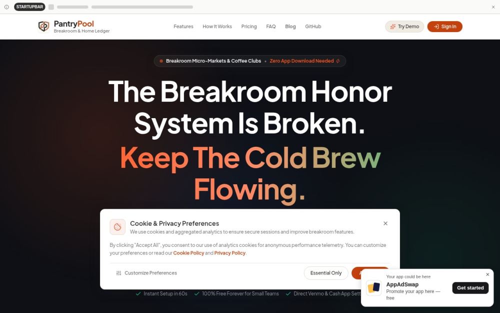 Screenshot of the homepage of pantrypool.com