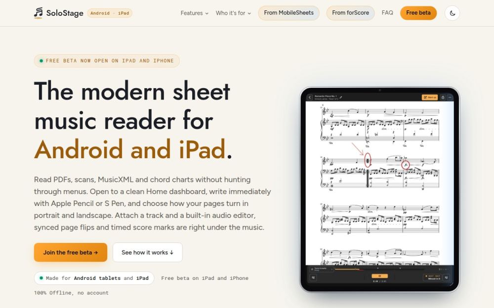 Screenshot of the homepage of solostageapp.com