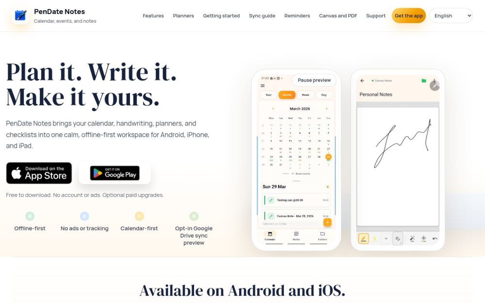 Screenshot of the homepage of pendatenotes.com