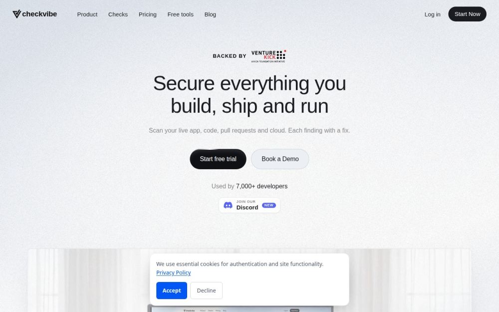 Screenshot of the homepage of checkvibe.dev