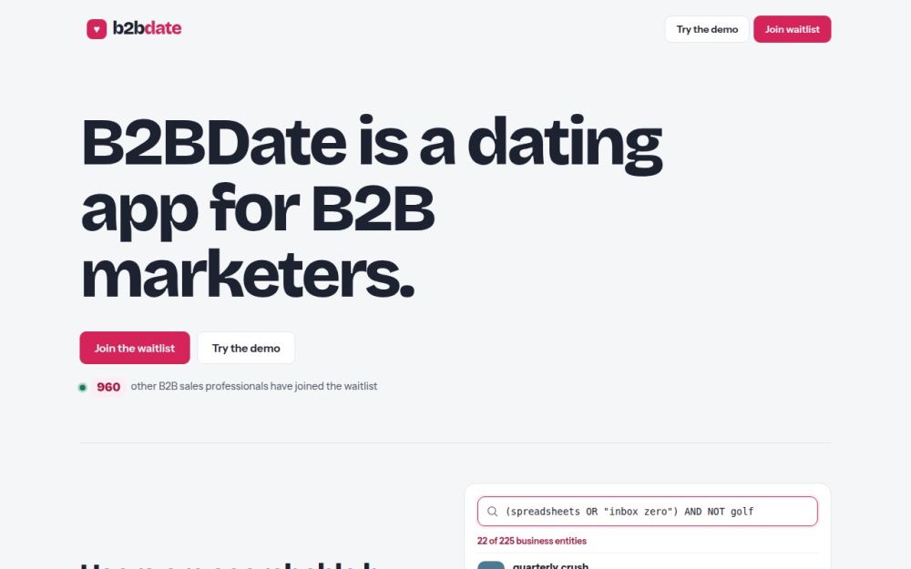 Screenshot of the homepage of b2bdate.app