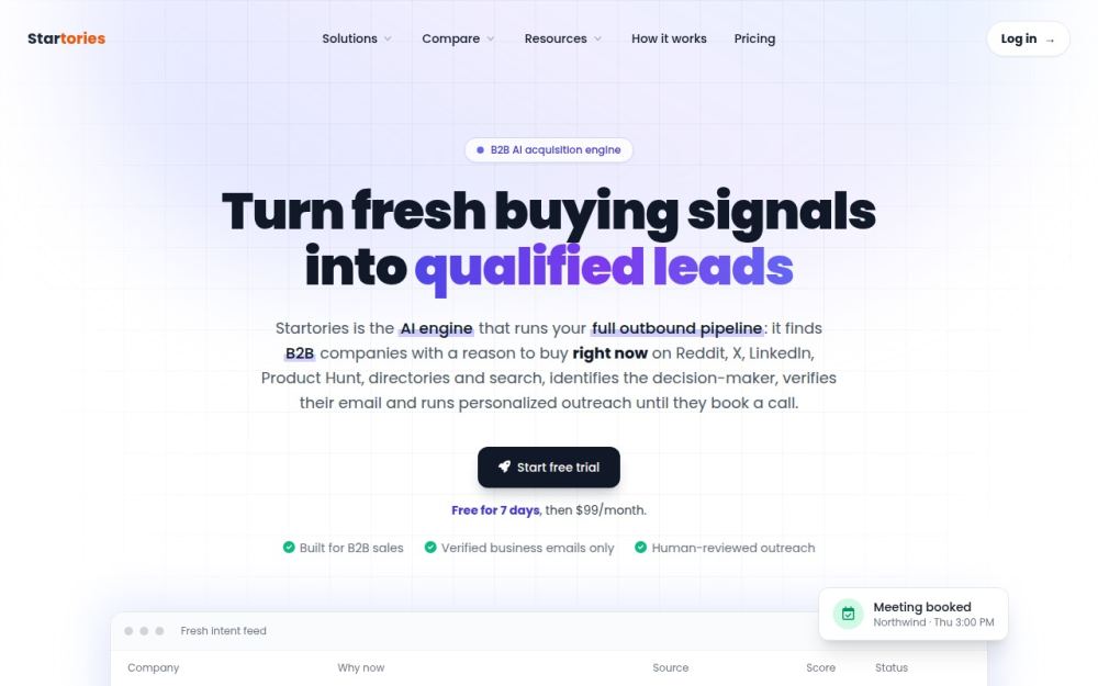 Screenshot of the homepage of startories.com