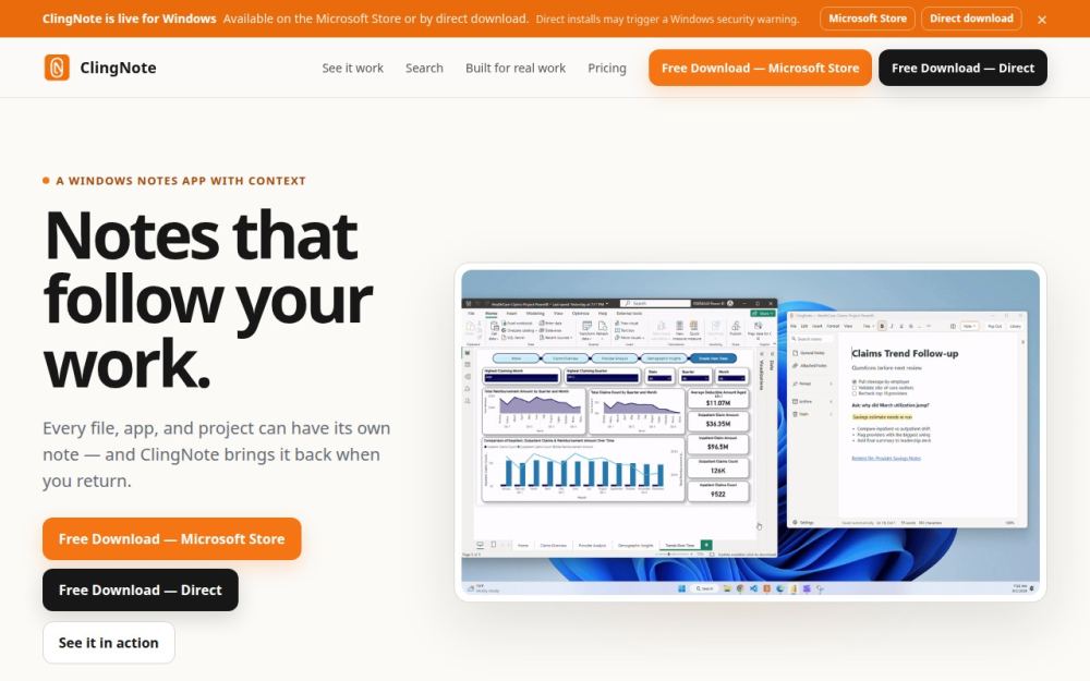 Screenshot of the homepage of clingnote.com