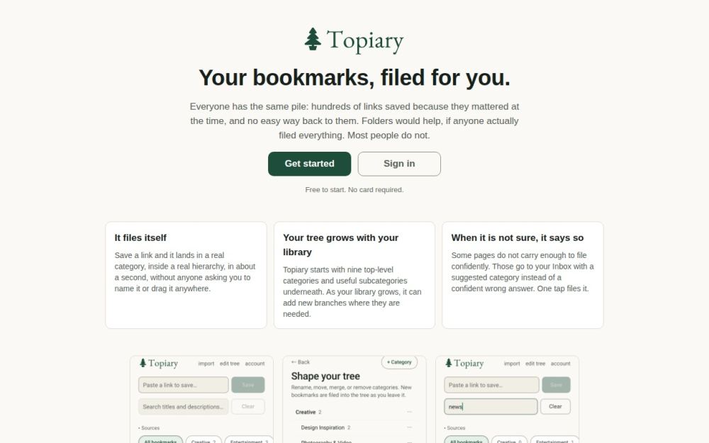 Screenshot of the homepage of usetopiary.app