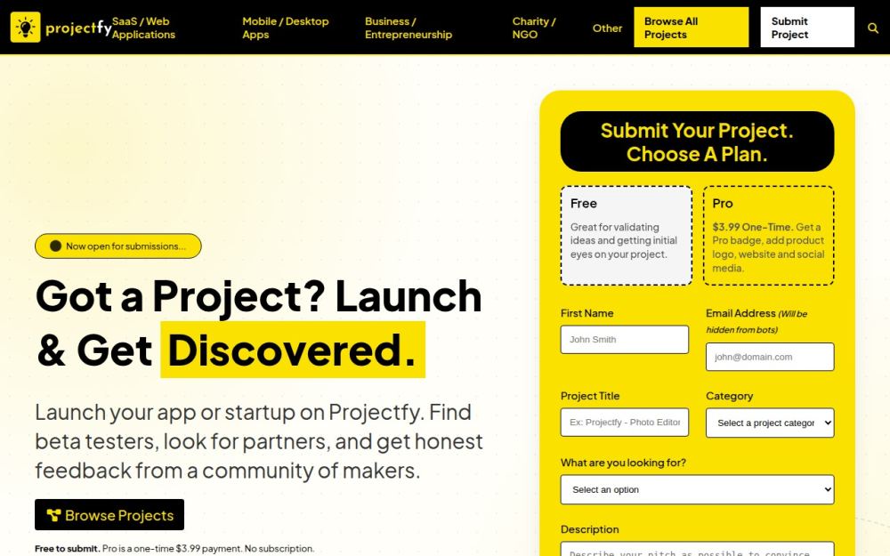 Screenshot of the homepage of projectfy.net