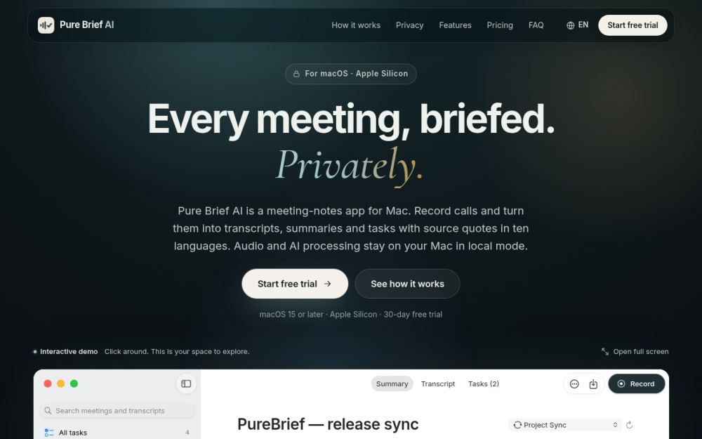 Screenshot of the homepage of purebrief.ai