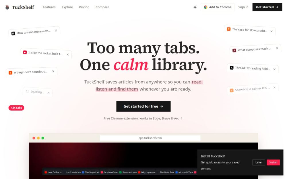 Screenshot of the homepage of tuckshelf.com
