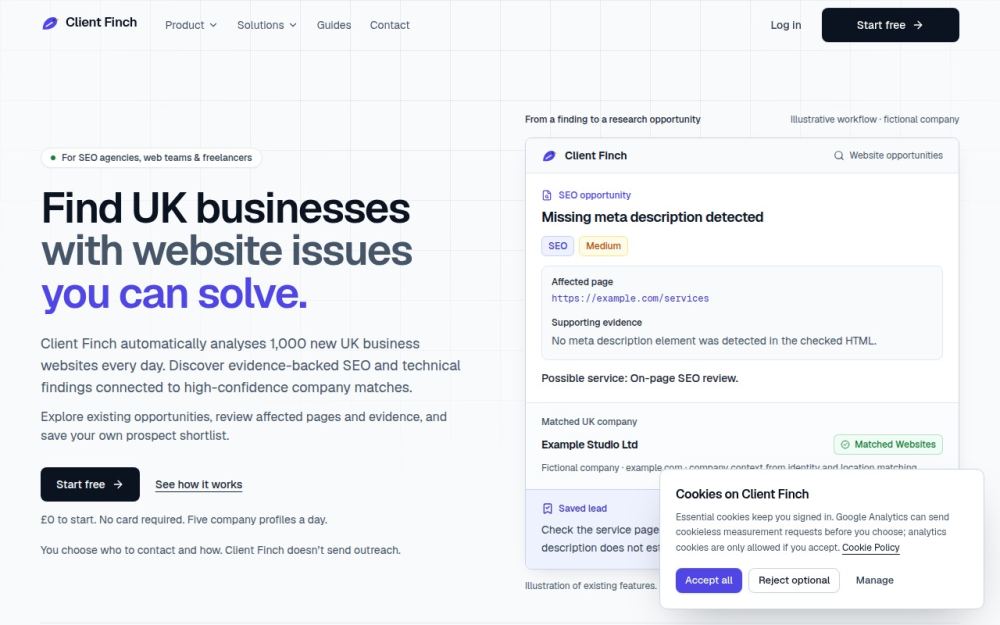 Screenshot of the homepage of clientfinch.co.uk