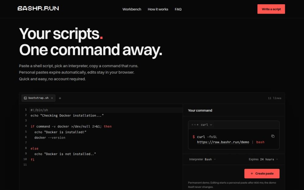 Screenshot of the homepage of bashr.run