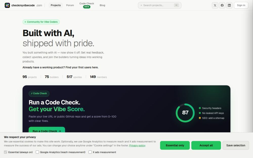 Screenshot of the homepage of checkmyvibecode.com