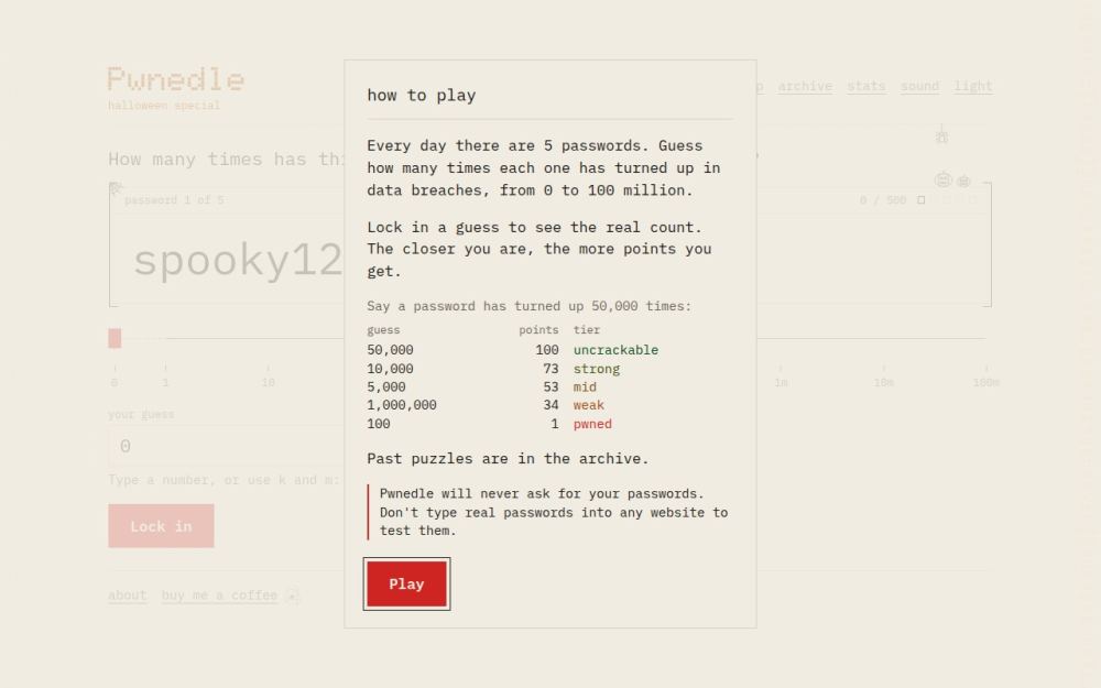 Screenshot of the homepage of pwnedle.com